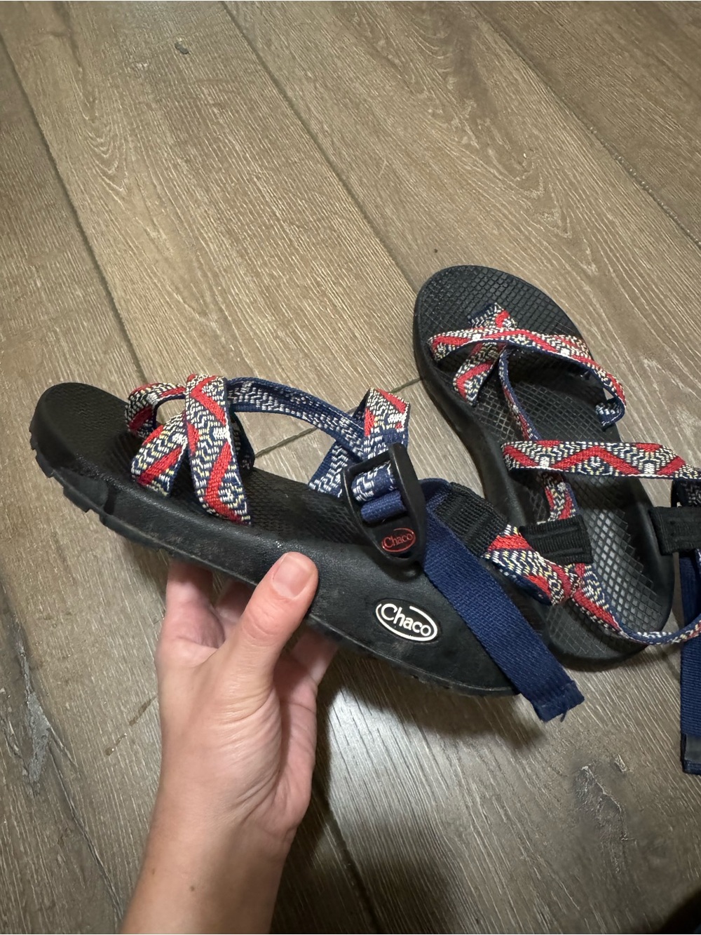 Chaco Sandals with Red, Navy & Black Patterned Straps